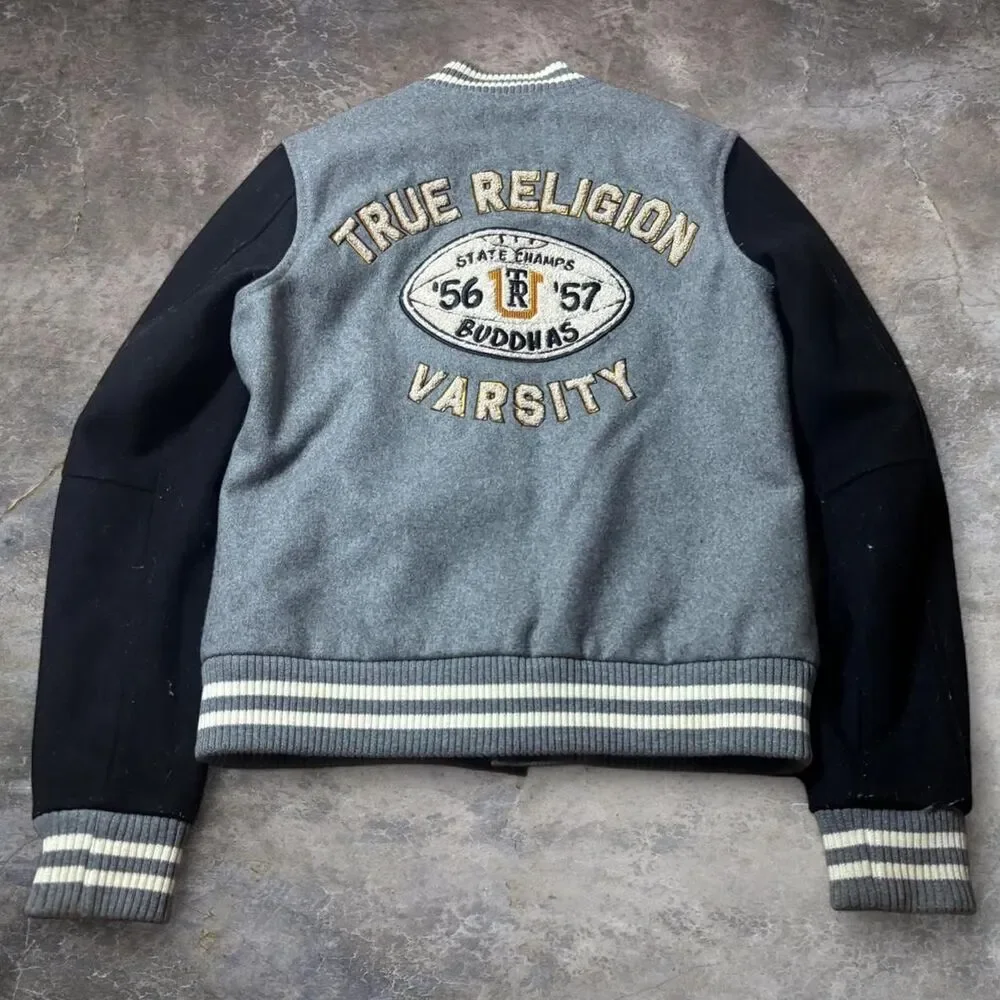 True Religion Varsity Jacket Men’s M Gray Embroidered Stitched Rare Y2K